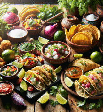 Fargerik oppstilling av latinamerikanske retter på et rustikt trebord: tacos, ceviche, empanadas, friske urter og lime, varmt naturlig lys, moderne matfotografi