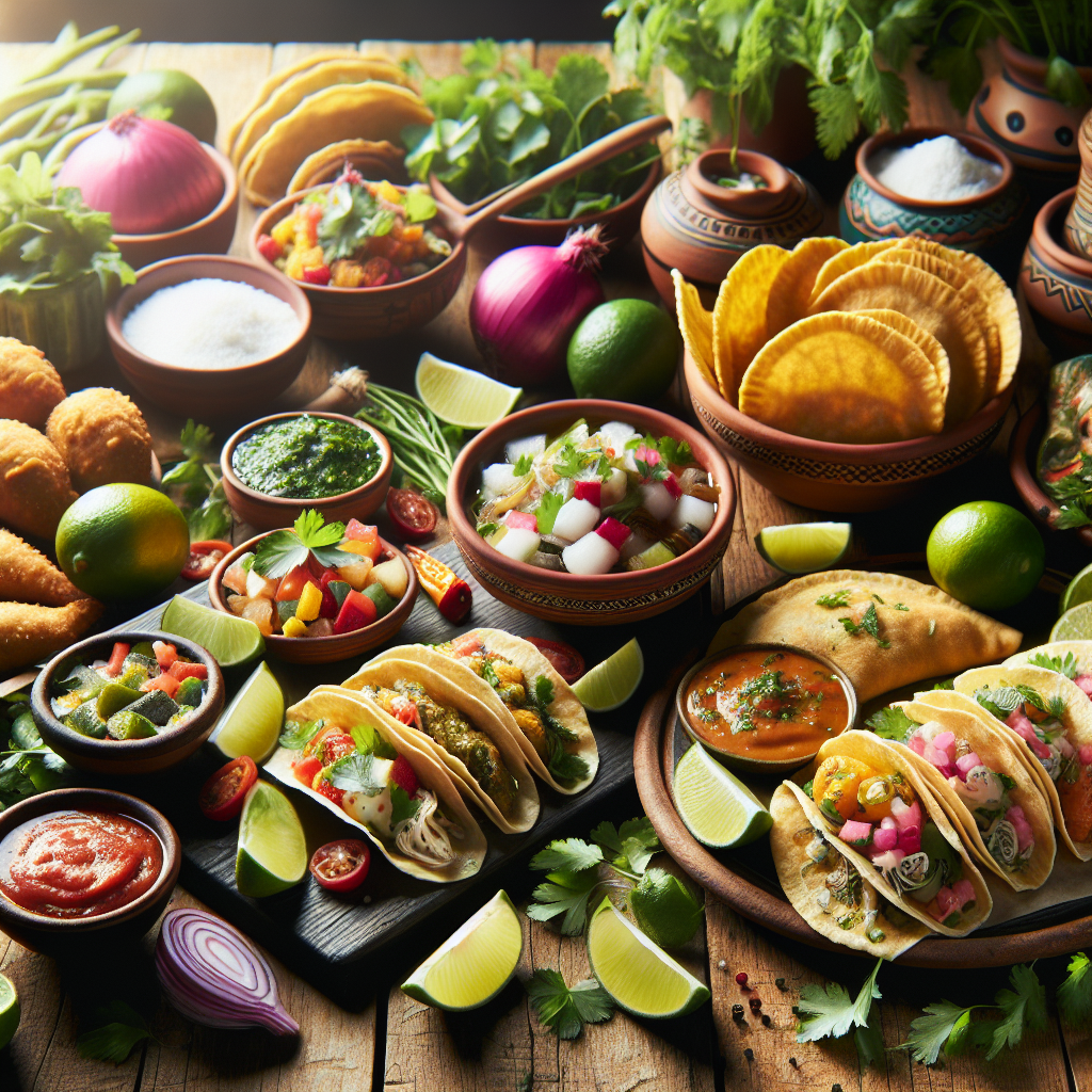 Fargerik oppstilling av latinamerikanske retter på et rustikt trebord: tacos, ceviche, empanadas, friske urter og lime, varmt naturlig lys, moderne matfotografi