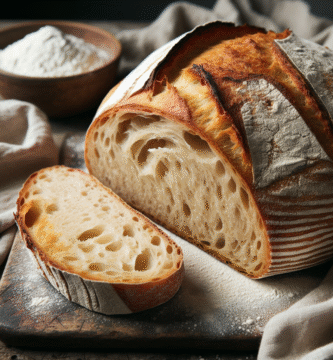 Nærbilde av et gyllent, hjemmelaget surdeigsbrød med sprø skorpe, skjæringssnitt som viser luftig krumme, på rustikk kjøkkenbenk med mel og en linenklede