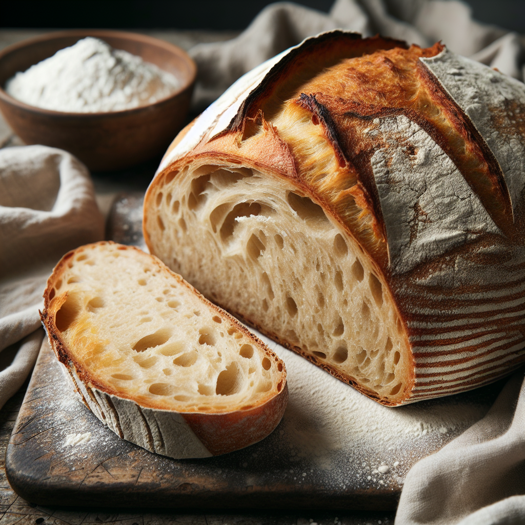 Nærbilde av et gyllent, hjemmelaget surdeigsbrød med sprø skorpe, skjæringssnitt som viser luftig krumme, på rustikk kjøkkenbenk med mel og en linenklede